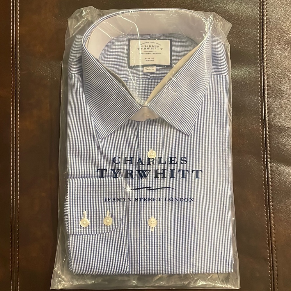 Charles Tyrwhitt Long Sleeve Dress Shirt Non Iron Size 17.5 - 36 Slim Fit
